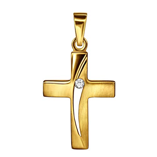 CLEVER SCHMUCK Goldener Damen oder Mädchen Anhänger kleines Kreuz 16 mm elegant Bogen offen mit einem Spann Zirkonia mittig, seidenmatt und hochglänzend poliert 333 Gold 8 Karat für Kinder von CLEVER SCHMUCK