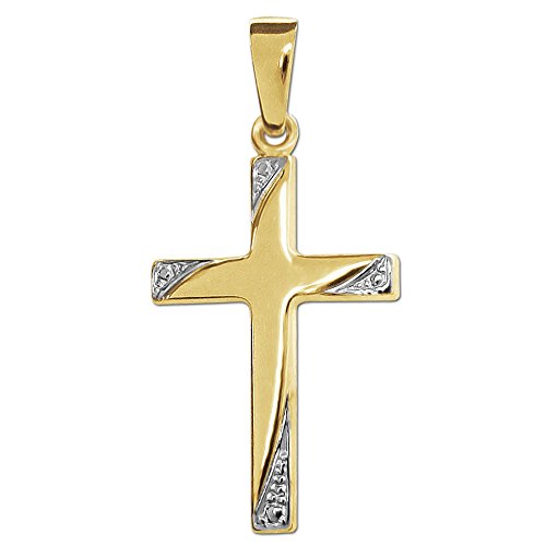 CLEVER SCHMUCK Goldener Kinder Anhänger kleines Kreuz 19 mm glänzend bicolor, Kreuzenden schräg angeschnitten bicolor mit Pünktchen verziert 333 GOLD 8 KARAT von CLEVER SCHMUCK