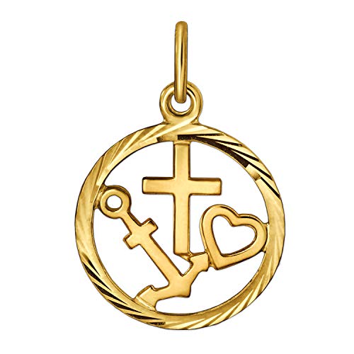 CLEVER SCHMUCK Goldener kleiner Damen Anhänger als Medaille Ø 14 mm Glaube - Liebe - Hoffnung glänzend mit Rand diamantiert 333 GOLD 8 Karat von CLEVER SCHMUCK