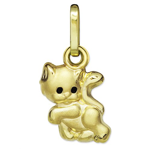 CLEVER SCHMUCK Goldener kleiner Kinder Anhänger Mini Katze 8 mm Augen schwarz seidenmatt teils glänzend 333 GOLD 8 KARAT von CLEVER SCHMUCK