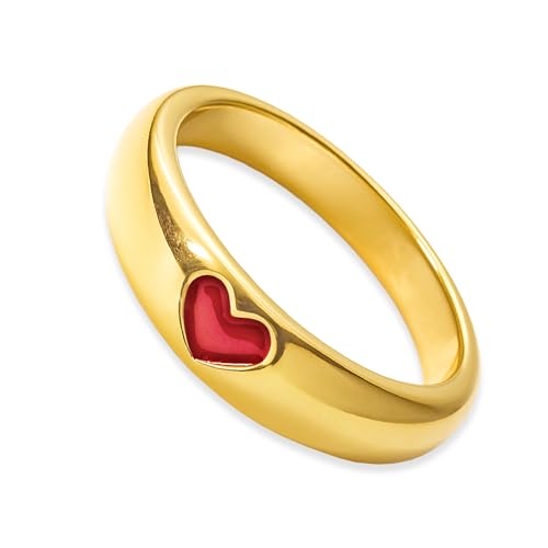 CLEVER SCHMUCK Goldener kleiner Mini Anhänger Taufring Ø 9 mm schmale flache Form mit Herz rot emailliert glänzend 333 Gold 8 Karat im Schmucketui von CLEVER SCHMUCK