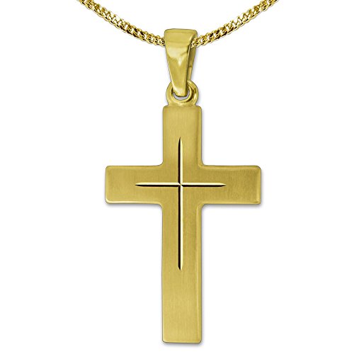 CLEVER SCHMUCK Goldener Kreuz Anhänger 22 mm matt mit feinem Innenkreuz diamantiert 333 Gold 8 Karat & vergoldeter Kette Panzer 45 cm von CLEVER SCHMUCK