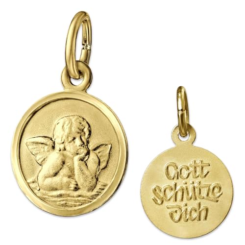 CLEVER SCHMUCK Goldener kleiner Kinder Anhänger Engel rund Ø 10 mm matt und Rand glänzend Rückseite seidenmatt mit Gravur Gott schütze Dich 333 GOLD 8 KARAT im Etui sand von CLEVER SCHMUCK