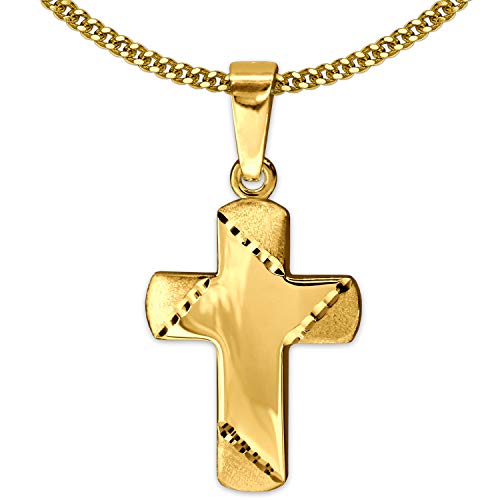 CLEVER SCHMUCK Set Goldener kleiner Kinder Anhänger Mini Kreuz 11x8 mm Balkenenden teilmatt diamantiert 333 GOLD 8 KARAT & vergoldeter Kette Panzer 40cm im Kreuz Etui sand von CLEVER SCHMUCK