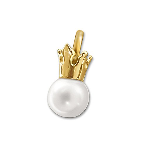 CLEVER SCHMUCK Goldener kleiner Damen Anhänger 14 mm mit Krone und kleiner Süßwasserzuchtperle Ø ca. 6 mm, Prinzessinnenkrone vollplastische Form glänzend 333 Gold 8 Karat im Schmucketui von CLEVER SCHMUCK