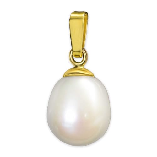CLEVER SCHMUCK Goldener kleiner Perlenanhänger mit Süßwasserperle weiß oval 7,5 mm und beweglicher Anhängerschlaufe glänzend 333 Gold 8 Karat für Damen im Schmucketui von CLEVER SCHMUCK