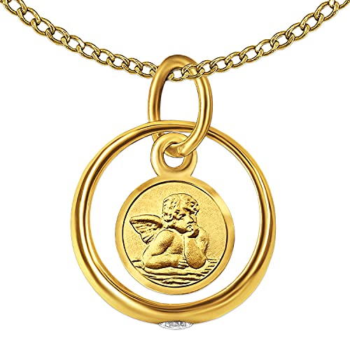 CLEVER SCHMUCK Goldenes Taufkettchen Mini Taufring mit Schutzengel rund Zirkonia weiß Kette Weitpanzer 34 cm beides 333 Gold 8 Karat im Schmucketui von CLEVER SCHMUCK