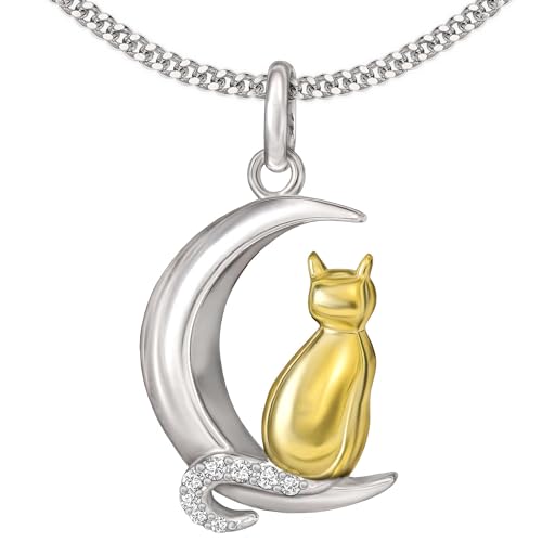 CLEVER SCHMUCK Halskette Anhänger Katze im Mond & Kette Panzer 45 cm 925 Sterling Silber für Damen im Etui weiß von CLEVER SCHMUCK