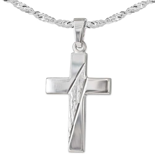 CLEVER SCHMUCK Kreuz Halskette Silberkreuz 21 mm glänzend Muster quer diamantiert mit Kette Singapur 45 cm Sterling Silber 925 im Kreuz-Etui von CLEVER SCHMUCK