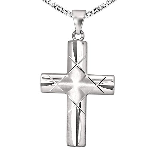 CLEVER SCHMUCK Halskette Anhänger Kreuz 32 mm gewölbte breite Balken Kreuzmuster diamantiert teilmattiert Kette Panzer 50 cm Sterling Silber 925 im Schmucketui von CLEVER SCHMUCK