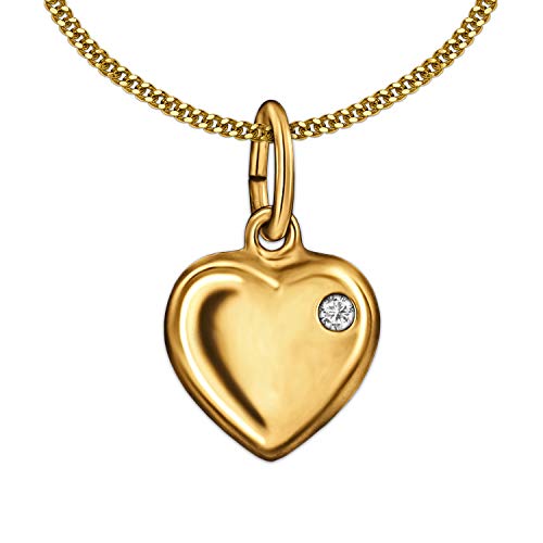 CLEVER SCHMUCK Halskette Anhänger kleines Herz 9 mm mit 1 Mini Zirkonia im Herzbogen rechts glänzend 333 Gold 8 Karat und vergoldeter Kette Panzer 42 cm im Schmucketui Ich liebe Dich von CLEVER SCHMUCK