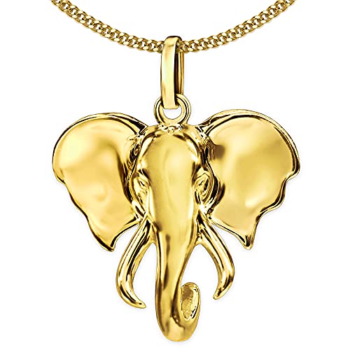 CLEVER SCHMUCK Halskette Goldener Elefant Anhänger 20 mm Elefantenkopf 3D plastisch natürliche Form & Kette Panzer 45 cm 925 Sterling Silber gold-plattiert im Magnet Etui von CLEVER SCHMUCK