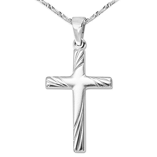 CLEVER SCHMUCK Halskette Mini Kreuz 18 mm matt mit glänzenden bogenförmigen Linien verziert Kette Singapur 45 cm Sterling Silber 925 im Schmucketui von CLEVER SCHMUCK