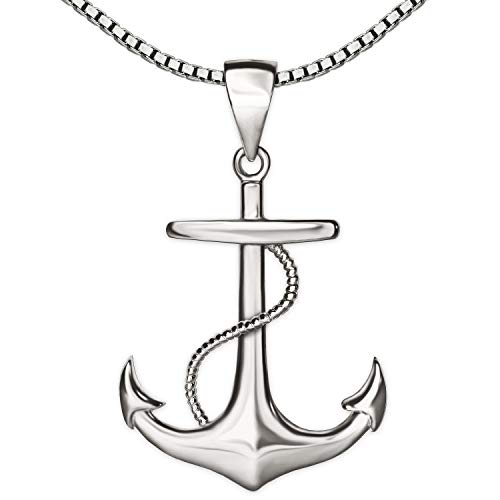CLEVER SCHMUCK Halskette silberner Männer Anhänger großer Anker mit Seil 24 x 19 mm maritim beidseitig plastisch glänzend & Kette Venezia 925 Sterling Silber rhodiniert von CLEVER SCHMUCK