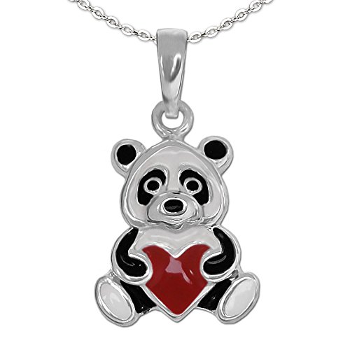 CLEVER SCHMUCK Kinder Halskette Anhänger kleiner Pandabär 10 mm mit Herz rot + Kette Anker 40 cm Sterling Silber 925 im Etui weiß von CLEVER SCHMUCK