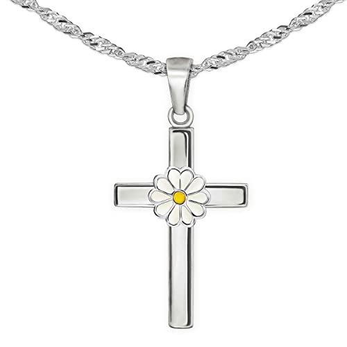 CLEVER SCHMUCK Kinder Kreuzkette Gänseblümchen18 mm mit Blüte gelb weiß bunt lackiert Kette Singapur 40 cm Sterling Silber 925 im Kreuz-Etui von CLEVER SCHMUCK