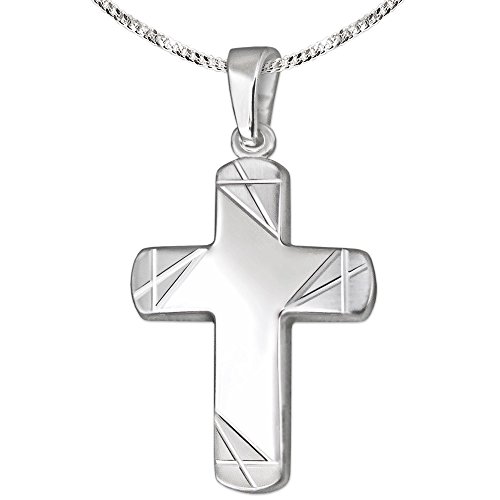 CLEVER SCHMUCK Kreuzkette Kreuz 20 mm breite Balken innen glänzend Kreuzenden matt mit Linien gekreuzt & Kette Panzer 45 cm STERLING SILBER 925 für Jugendliche im Schmucketui von CLEVER SCHMUCK