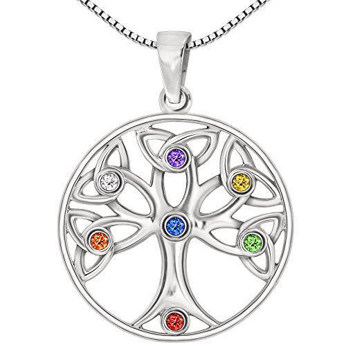 CLEVER SCHMUCK Lebensbaum Halskette Damen Anhänger Ø 27 mm mit keltischen Knoten und mit 7 verschieden farbigen Chakrasteinen viele Zirkonia bunt + feiner Kette Venezia 45 cm Sterling Silber 925 von CLEVER SCHMUCK