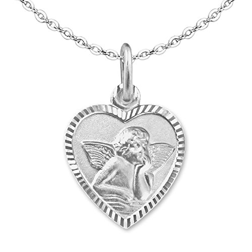 CLEVER SCHMUCK Mädchen Halskette Herz Anhänger Herz 11 mm mit Engel Rückseite Gott schütze dich Kette Anker 40 cm Sterling Silber 925 für Kinder im Etui weiß von CLEVER SCHMUCK