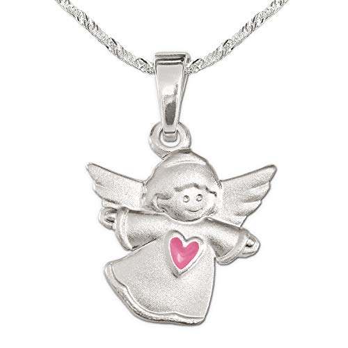 CLEVER SCHMUCK Mädchen Halskette mit Anhänger kleiner Engel 11 x 13 mm matt Herz rosa pink Kette Singapur 40 cm 925 Sterling Silber im Etui rosa von CLEVER SCHMUCK