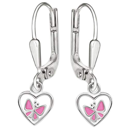 CLEVER SCHMUCK Mädchen Ohrhänger 22 mm mit Schmetterling 4 mm rosa lackiert im Herz 7 mm offen glänzend Sterling Silber 925 im Schmucketui von CLEVER SCHMUCK