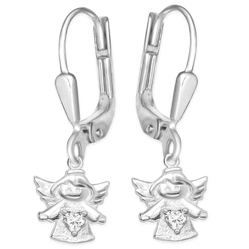 CLEVER SCHMUCK Mädchen Ohrringe als Ohrhänger 23 mm mit Mini Engel 8 mm Zirkonia auf dem Engelskleid glänzend 925 Sterling Silber im Etui weiß von CLEVER SCHMUCK