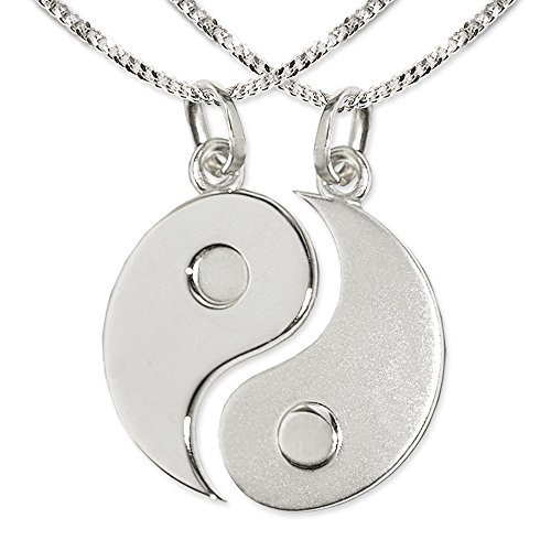 CLEVER SCHMUCK Partnerketten mit Yin Yang Ø 20 mm Partneranhänger geteilt, Kette Panzer je 45 cm Sterling Silber 925 im Etui weiß von CLEVER SCHMUCK