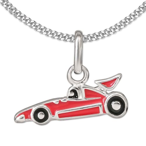 CLEVER SCHMUCK Mini Rennauto Halskette mit Rennwagen 14 x 5 mm rot schwarz Kette Panzer 925 Sterling Silber für Kinder im Schmucketui von CLEVER SCHMUCK