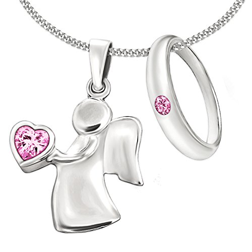 CLEVER SCHMUCK Mädchen Halskette 2 Anhänger Engel 15 mm mit rosa Zirkoniaherz in der Hand und Taufring mit rosa Zirkonia & Kette Panzer 38 cm STERLING SILBER 925 im Etui rosa von CLEVER SCHMUCK