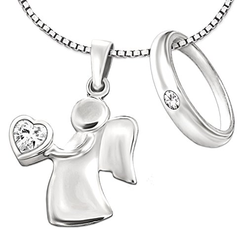 Clever Schmuck Set Taufkettchen 2 Anhänger Engel 15 mm Zirkonia weiß in der Hand & Taufring Ø 12 mm schlicht Zirkonia & Kette Venezia 36 cm STERLING SILBER 925 im Taufe-Etui von CLEVER SCHMUCK