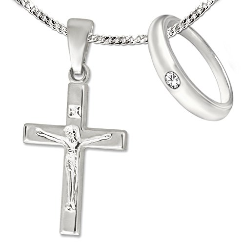 CLEVER SCHMUCK 2 AnhängerJesus Kreuz 17 mm & Taufring schlicht Zirkonia weiß & Kette Panzer 36 cm STERLING SILBER 925 für Kinder im Taufe Etui weiß von CLEVER SCHMUCK