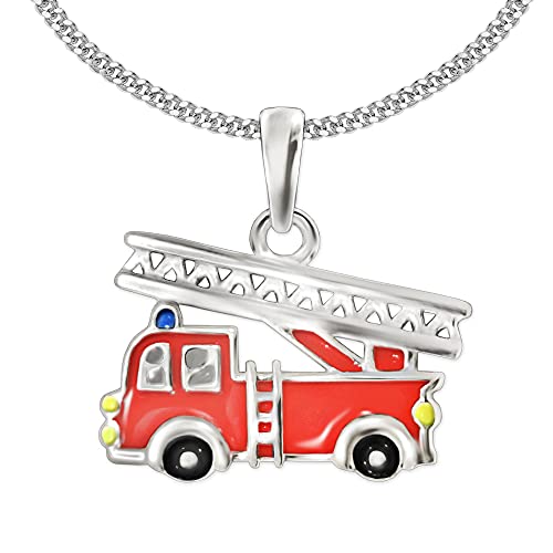 CLEVER SCHMUCK Set Silberner Kinder Anhänger kleine Feuerwehr 12 x 9 mm rot schwarz gelb lackiert mit Kette Panzer 40 cm STERLING SILBER 925 im Schmucketui von CLEVER SCHMUCK