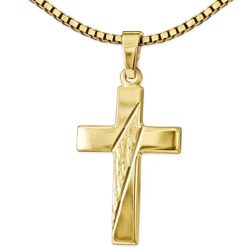 CLEVER SCHMUCK Set Goldener Anhänger Kreuz 21 mm quer gemustert und 2 Linien diamantiert glänzend 333 GOLD 8 KARAT und vergoldeter Kette Venezia 45 cm im Kreuz Etui von CLEVER SCHMUCK