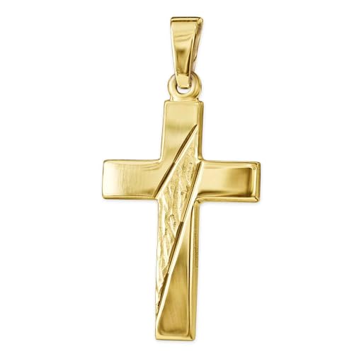 CLEVER SCHMUCK Goldener Anhänger Kreuz 21 mm quer gemustert und 2 Linien diamantiert glänzend 333 GOLD 8 KARAT im Kreuz-Etui sand von CLEVER SCHMUCK