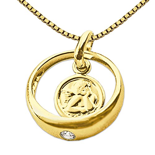 CLEVER SCHMUCK Set Goldener Kleiner Taufring Engel rund mit Zirkonia weiß glänzend 333 Gold 8 Karat mit vergoldeter Kette Venezia 36 cm im Taufe Etui Sand von CLEVER SCHMUCK