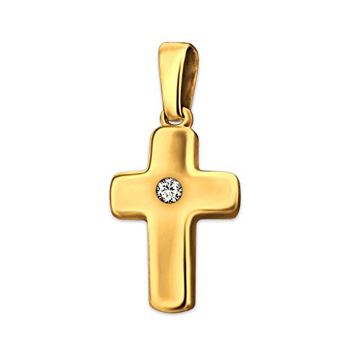 CLEVER SCHMUCK Goldener kleiner Mädchen Anhänger Mini Kreuz 12 mm glänzend poliert leicht gewölbt mit einem Zirkonia mittig 333 GOLD 8 KARAT von CLEVER SCHMUCK