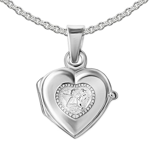 CLEVER SCHMUCK SET Kinder Anhänger Mini Herz mit Engel 10 mm als Silbermedaillon glänzend Engelchen Rand diamantiert + Kette Erbs 42 cm STERLING SILBER 925 im Etui weiß von CLEVER SCHMUCK