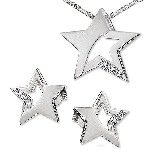 Clever Schmuck Set Silberne Ohrstecker Stern 9 mm matt und glänzend, teils offen mit Zirkonias, passender Anhänger 15 mm und Kette Singapur 45 cm STERLING SILBER 925 von CLEVER SCHMUCK