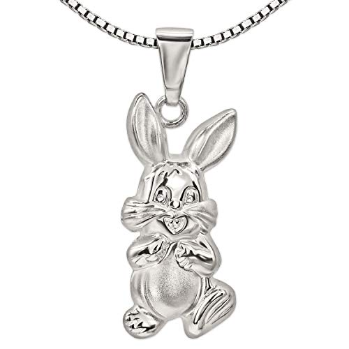 CLEVER SCHMUCK Set Silberner Anhänger Hase 19 mm beidseitig plastisch Ansicht Vorderseite matt und Rückseite glänzend mit einer Kette Venezia 40 cm STERLING SILBER 925 von CLEVER SCHMUCK