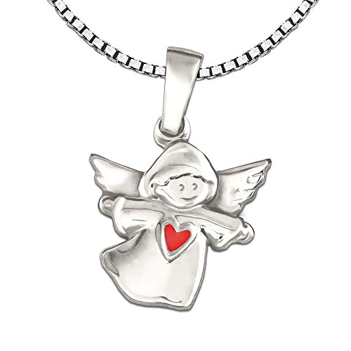 CLEVER SCHMUCK Set Silberner Kinder Anhänger Engel glänzend 12 mm mit Herz rot & Kette Venezia 38 cm Sterling Silber 925 im Etui weiß von CLEVER SCHMUCK