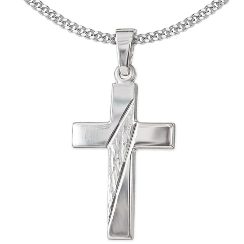 CLEVER SCHMUCK Set Silberner Anhänger Kreuz 21 mm glänzend und quer diamantiert Gemustert und Kette Panzer 45 cm Sterling Silber 925 im Etui von CLEVER SCHMUCK