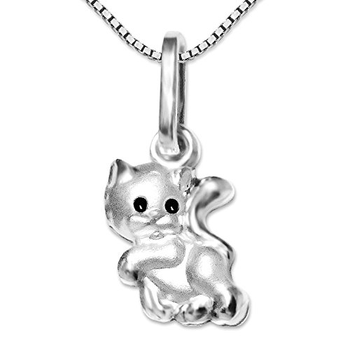 CLEVER SCHMUCK Set Kinder Halskette Kätzchen mit Anhänger Mini Katze Augen schwarz & Kette Venezia 38 cm Sterling Silber 925 für Mädchen in Schmuckverpackung von CLEVER SCHMUCK