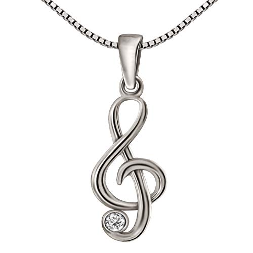 CLEVER SCHMUCK Set Mädchen Halskette Anhänger kleiner Notenschlüssel 20 x 8 mm mit einem Zirkonia & Kette Venezia 42 cm Sterling Silber 925 in Schmuckverpackung von CLEVER SCHMUCK