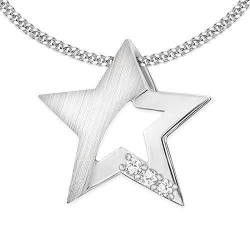 CLEVER SCHMUCK Silberne Damen Halskette Stern Anhänger 15 mm matt glänzend mit 3 Zirkonia Steinen & Kette Panzer 45 cm 925 Sterling Silber 925 im Schmucketui von CLEVER SCHMUCK