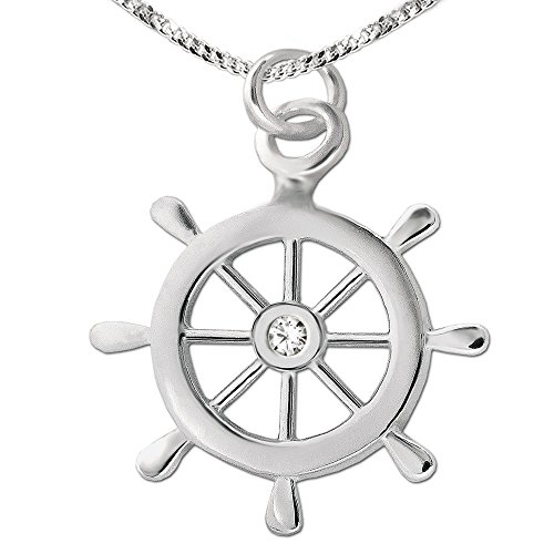 CLEVER SCHMUCK Damen Halskette Anhänger Steuerrad Schiff Ø 15 mm mit Zirkonia weiß Kette Panzer 45 cm 925 Sterling Silber im Etui blau von CLEVER SCHMUCK