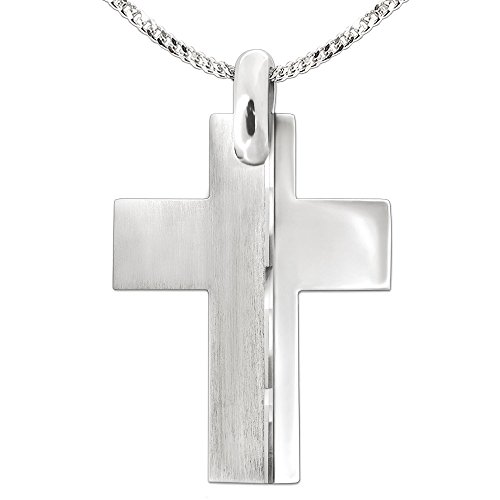 CLEVER SCHMUCK Set Silberner Anhänger großes Männer Kreuz 34 mm breite Balken teilmatt mit Zier-Linie diamantiert glänzend & Kette Panzer 50 cm STERLING SILBER 925 Herrenkreuzkette im Etui von CLEVER SCHMUCK