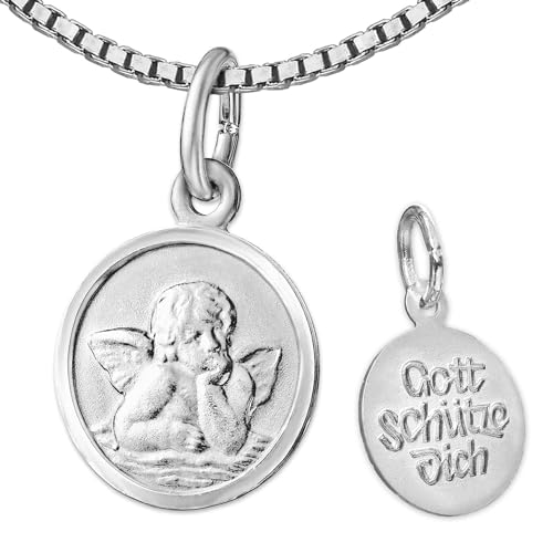 CLEVER SCHMUCK Set Silberner Kinder Anhänger Kleiner Engel rund Ø 10 mm Rückseite Gott schütze Dich & Kette Venezia 38 cm Sterling Silber 925 im Etui weiß von CLEVER SCHMUCK