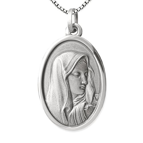 CLEVER SCHMUCK Halskette mit Anhänger oval 22 mm Heilige Madonna Maria Dolorosa antik & Kette Venezia 45 cm Sterling Silber 925 im Etui weiß von CLEVER SCHMUCK