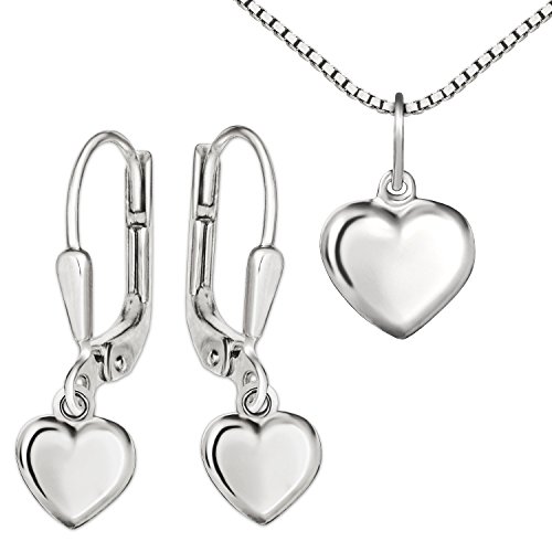 CLEVER SCHMUCK-SET Silberner Herz Anhänger 8 mm mit Ohrhänger 23 mm und Miniherz 5 mm glänzend gewölbt geschlossen und passender mit Kette Venezia 40 cm STERLING SILBER 925 für Kinder im Etui von CLEVER SCHMUCK