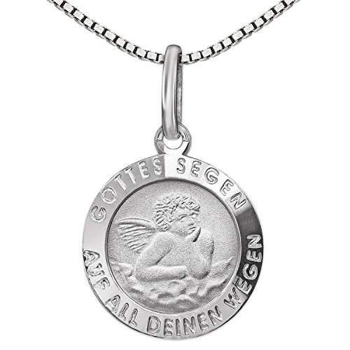 CLEVER SCHMUCK Taufkettchen Anhänger Zur Engel Ø 10 mm Gottes Segen auf All deinen Wegen & Venezia Kette 36 cm Sterling Silber 925 für Kinder im Taufe Etui weiß von CLEVER SCHMUCK